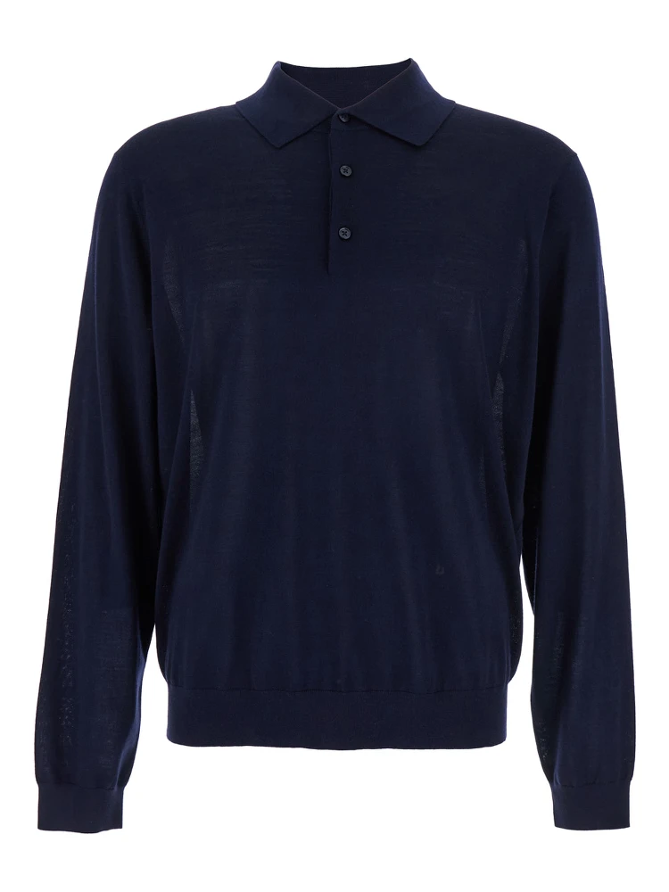 Blue Polo Shirt with Classic Collar and Ribbed Trims in Wool Man