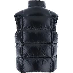 Black Sleeveless Down Jacket with High Neck and Logo Patch on the Front in Tech Fabric Man
