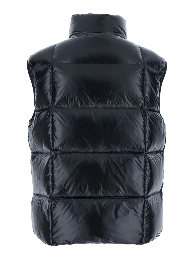 Black Sleeveless Down Jacket with High Neck and Logo Patch on the Front in Tech Fabric Man