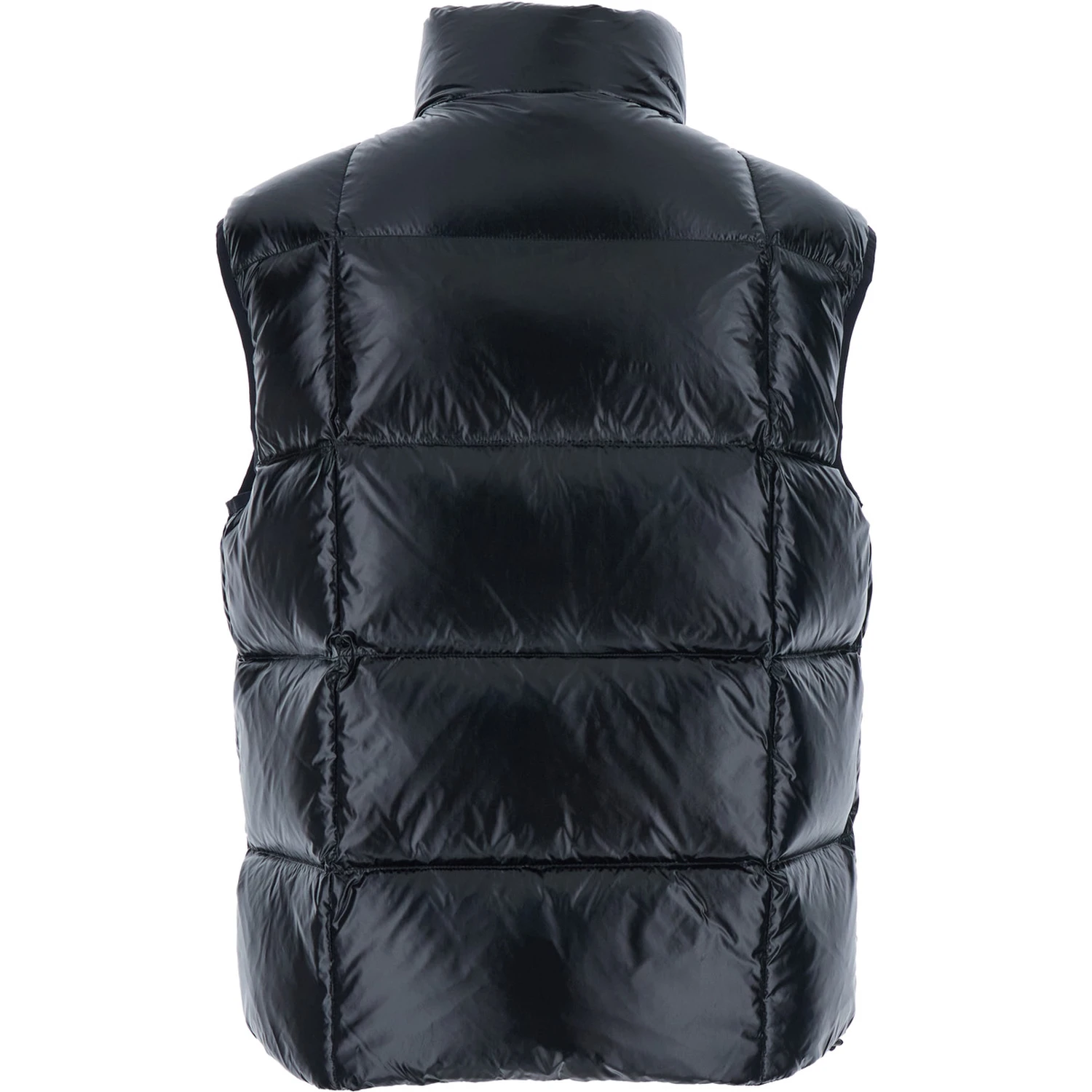 Black Sleeveless Down Jacket with High Neck and Logo Patch on the Front in Tech Fabric Man