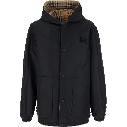 Beige Reversible Jacket with Drawstring Hood and All-Over Check Motif in Tech Fabric Man