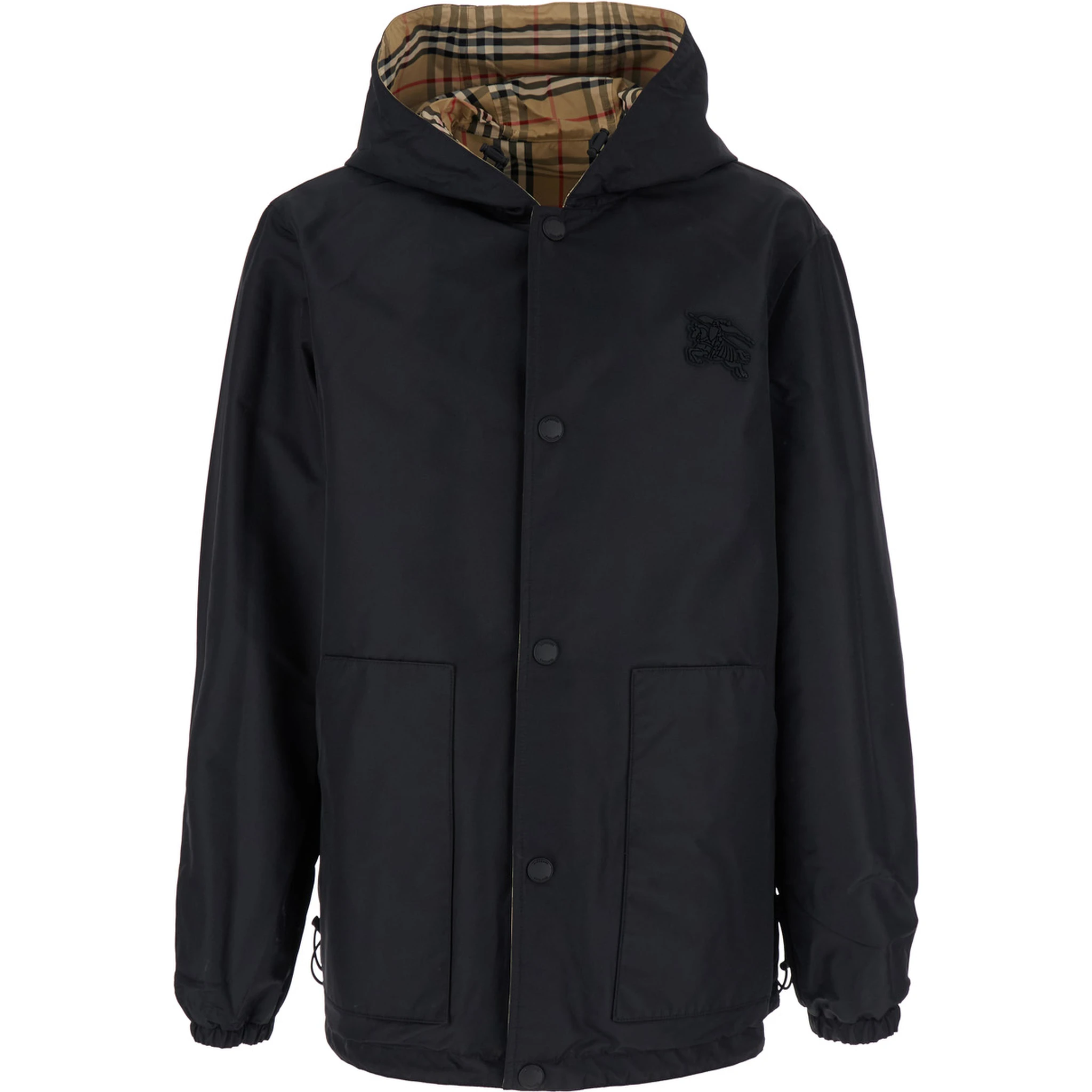 Beige Reversible Jacket with Drawstring Hood and All-Over Check Motif in Tech Fabric Man