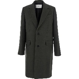 Green Single-Breasted Coat with Peak Revers in Wool Man