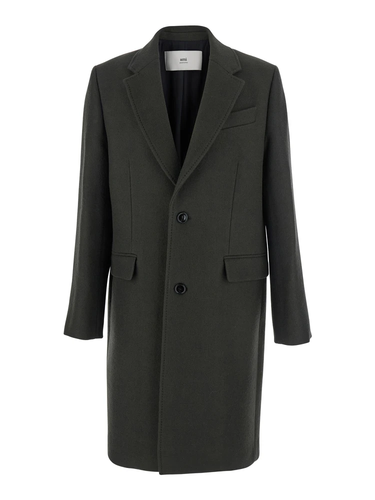 Green Single-Breasted Coat with Peak Revers in Wool Man