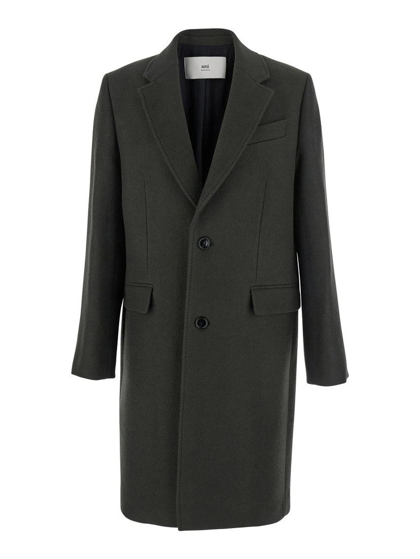 Green Single-Breasted Coat with Peak Revers in Wool Man