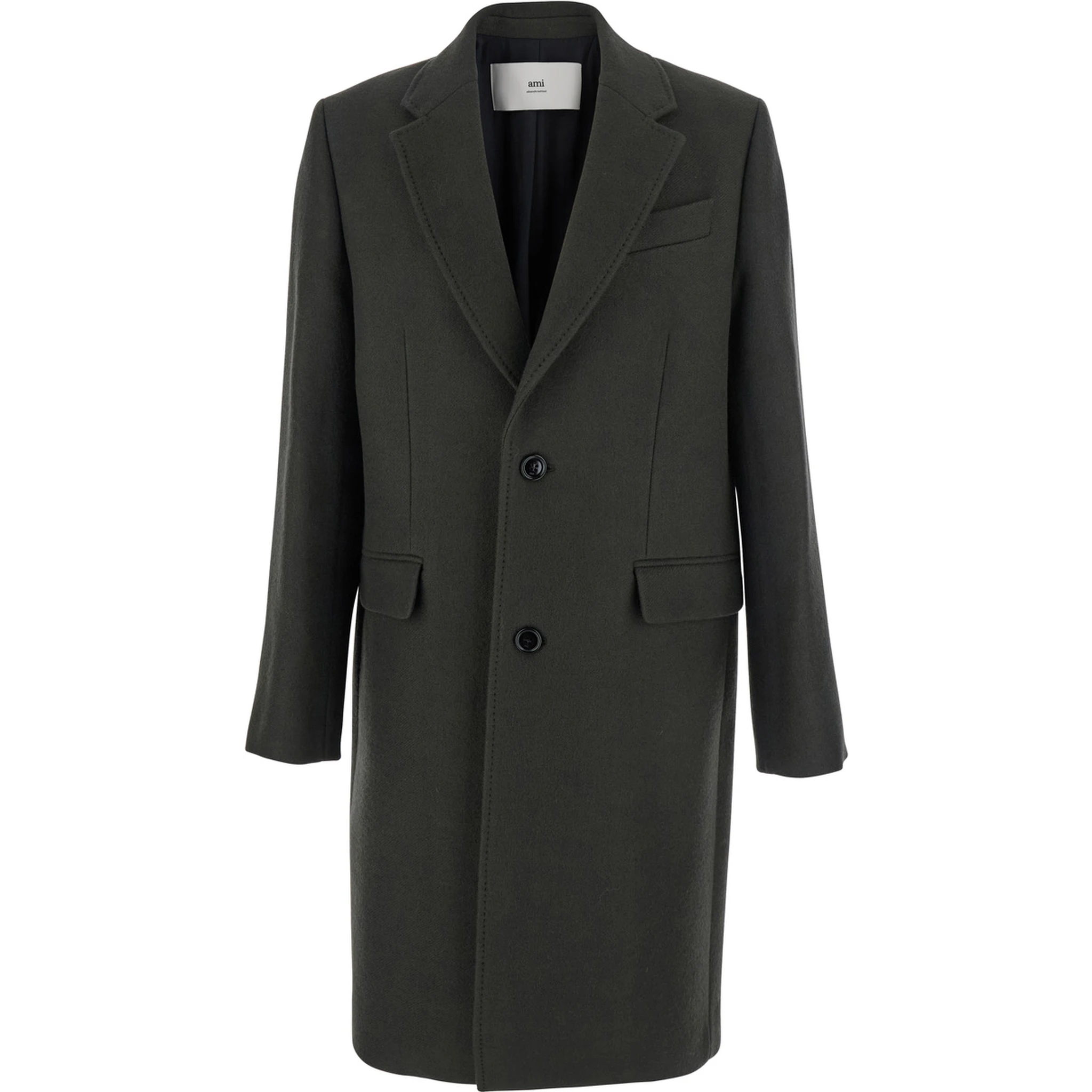 Green Single-Breasted Coat with Peak Revers in Wool Man