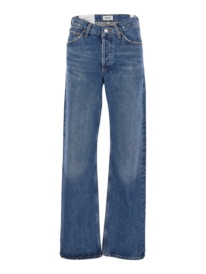 Blue Jeans with Beltl Loops and Logo Patch on the Rear in Denim Woman