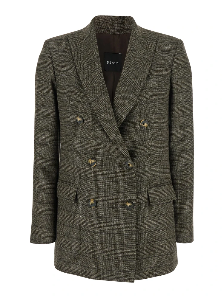 Brown Double-Breasted Jacket with Peak Revers and All-Over Striped Motif in Wool Woman