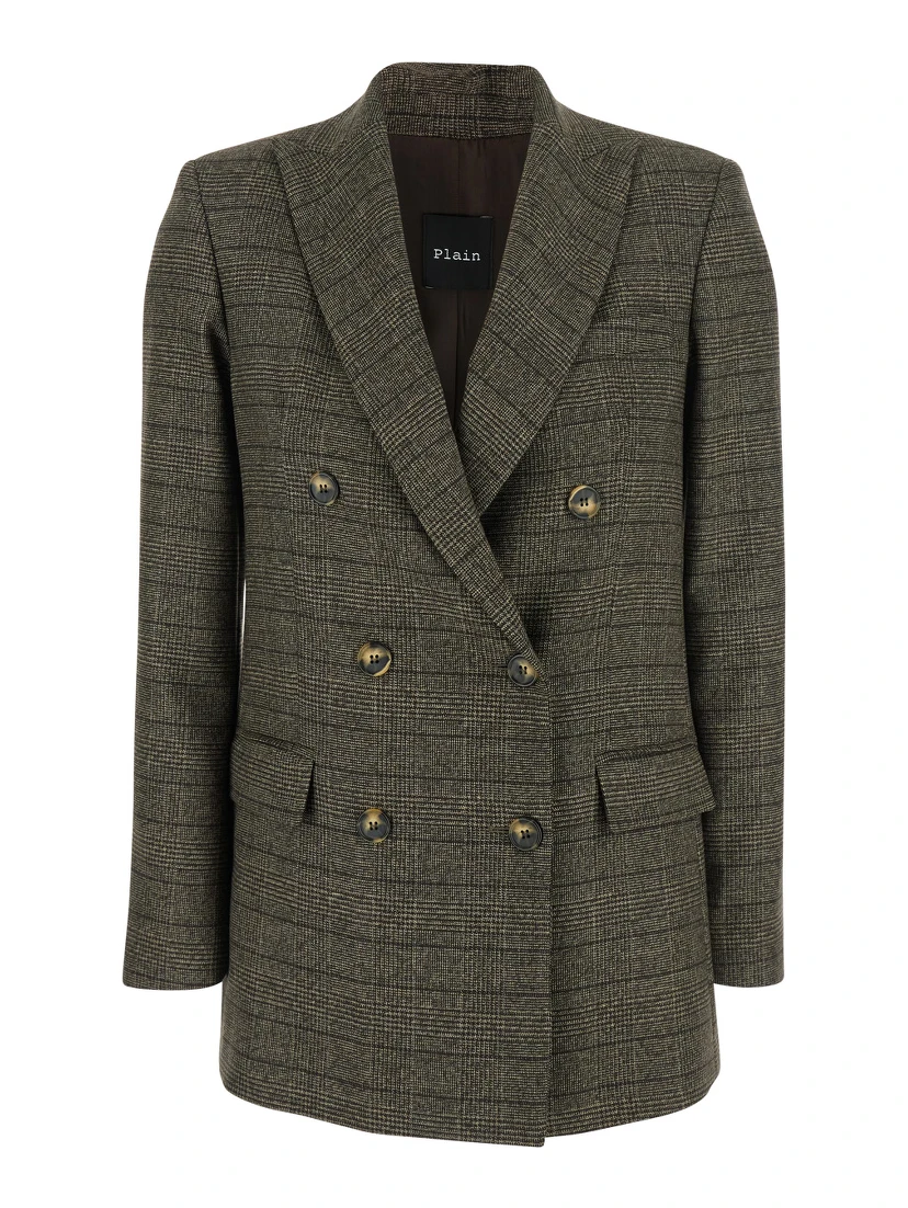 Brown Double-Breasted Jacket with Peak Revers and All-Over Striped Motif in Wool Woman