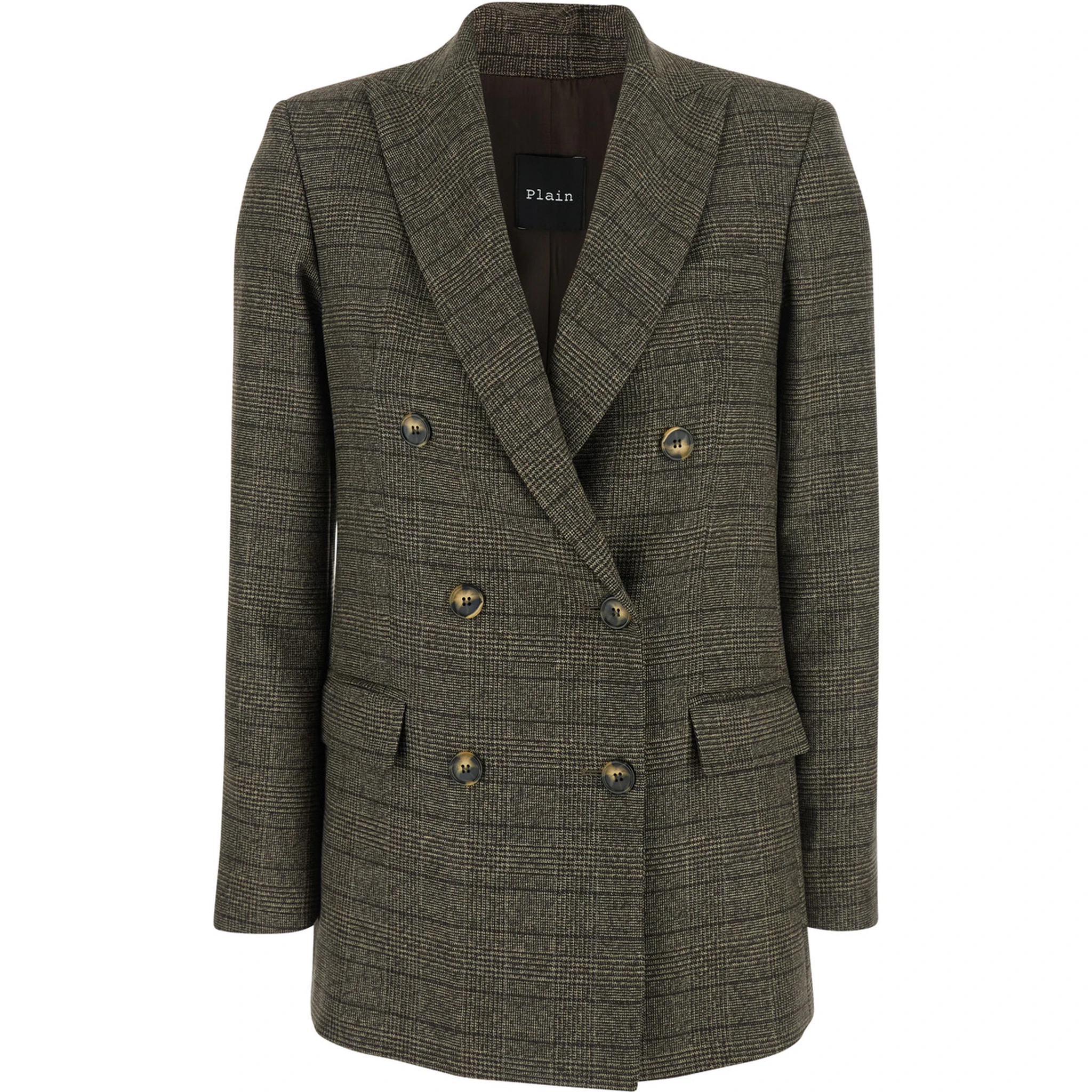 Brown Double-Breasted Jacket with Peak Revers and All-Over Striped Motif in Wool Woman