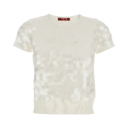 White Crew Neck T-Shirt with All-Over Applied Circles in Fabric Woman