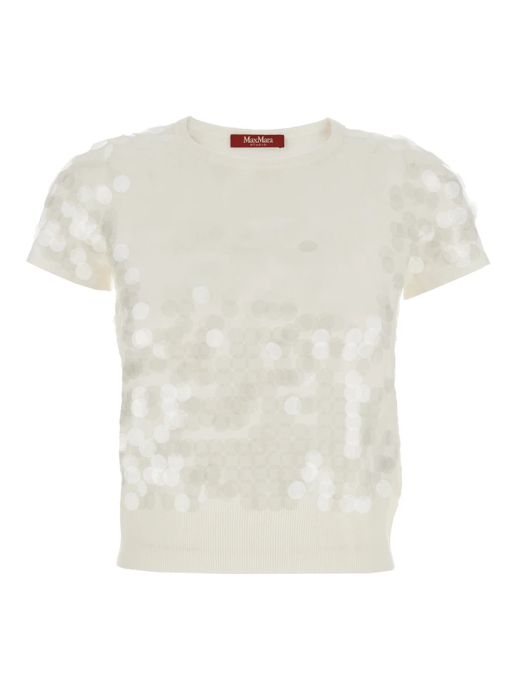 White Crew Neck T-Shirt with All-Over Applied Circles in Fabric Woman