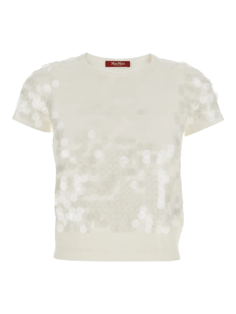 White Crew Neck T-Shirt with All-Over Applied Circles in Fabric Woman