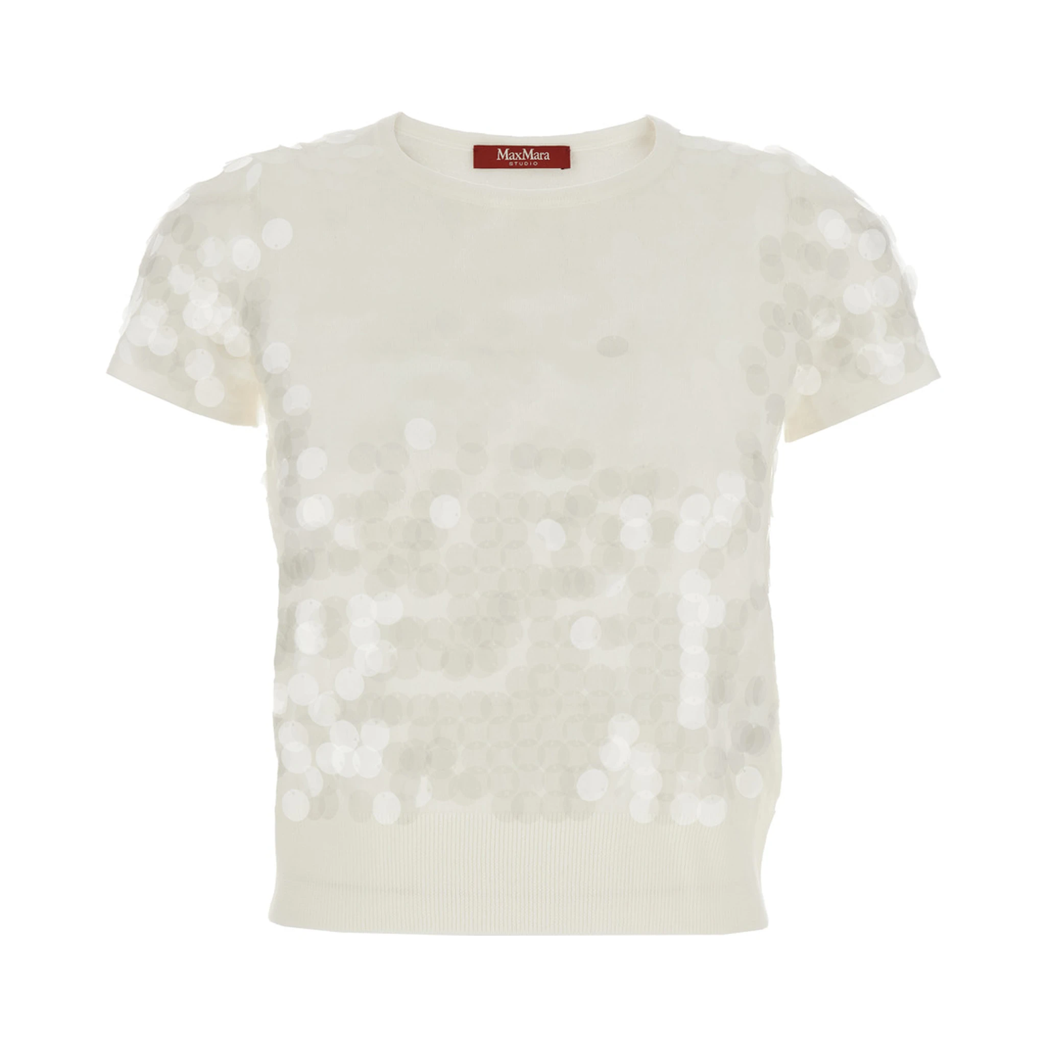 White Crew Neck T-Shirt with All-Over Applied Circles in Fabric Woman
