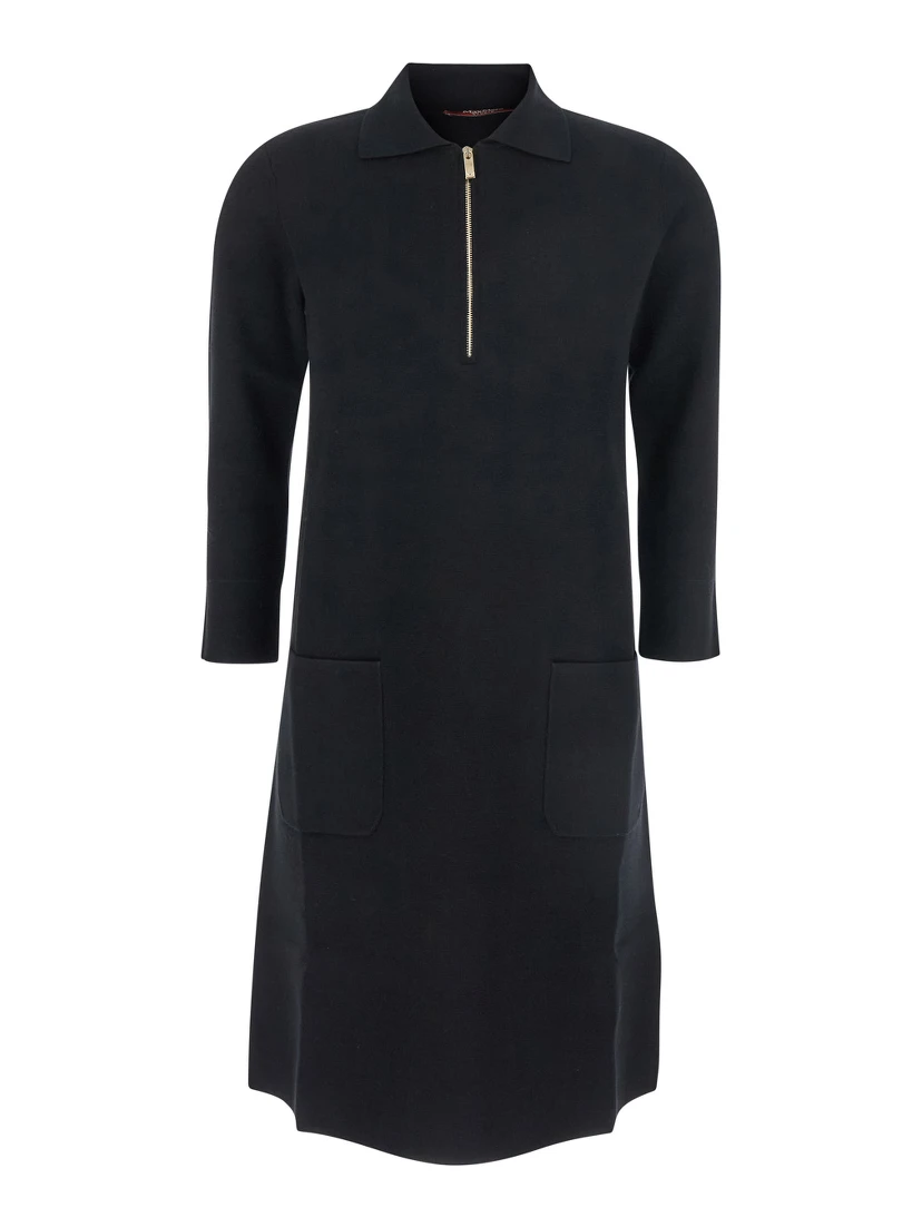 Ere Black Dress with Front Zip Closure and Two Front Patch Pockets in Viscose Blend Woman