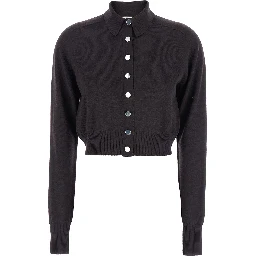 Perseo Black Cropped Cardigan with Button Down Collar and Ribbed Trims in Wool Woman
