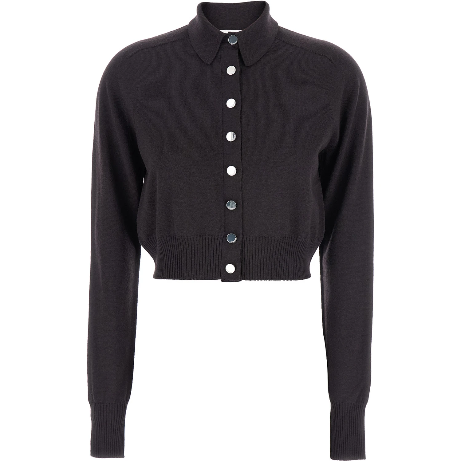 Perseo Black Cropped Cardigan with Button Down Collar and Ribbed Trims in Wool Woman