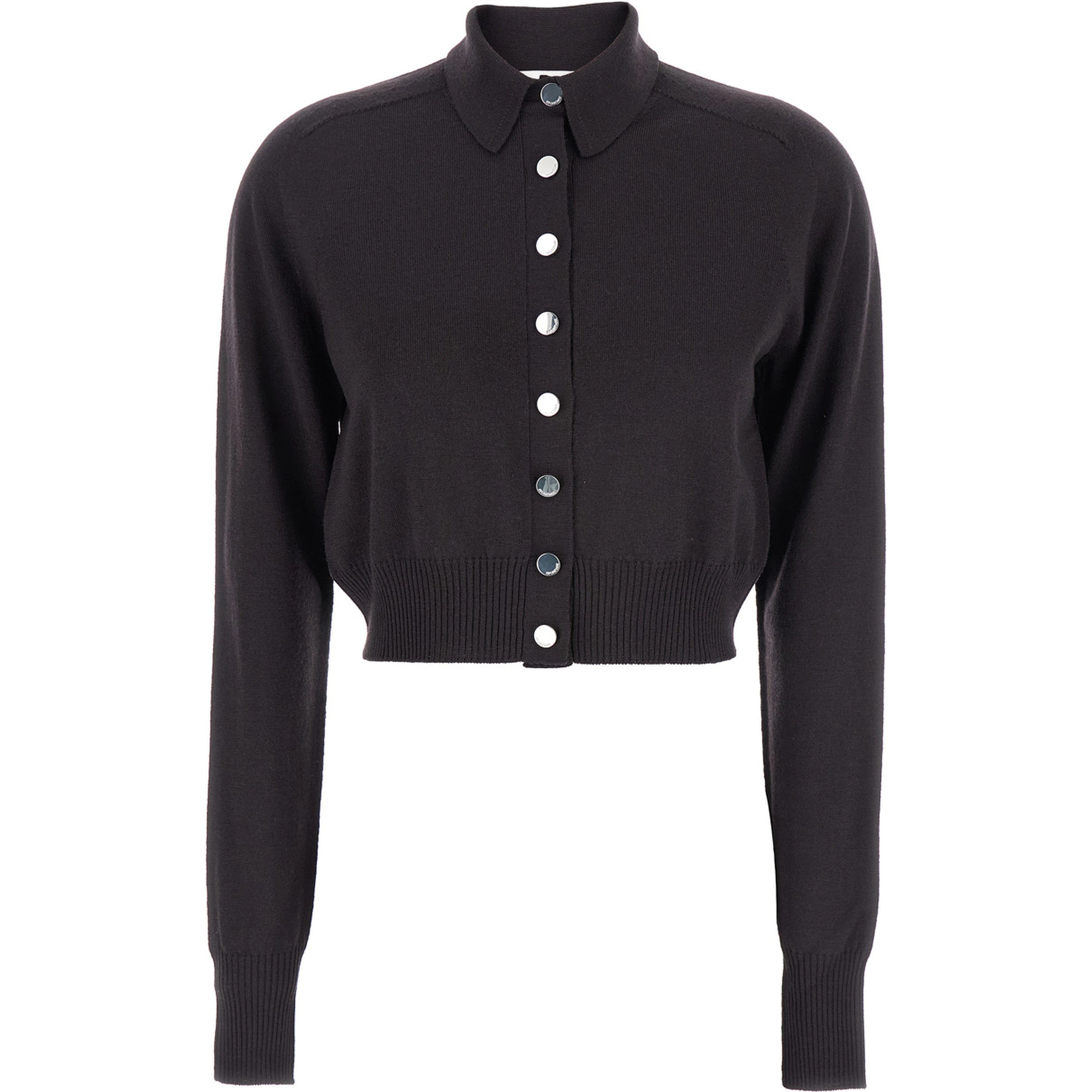 Perseo Black Cropped Cardigan with Button Down Collar and Ribbed Trims in Wool Woman