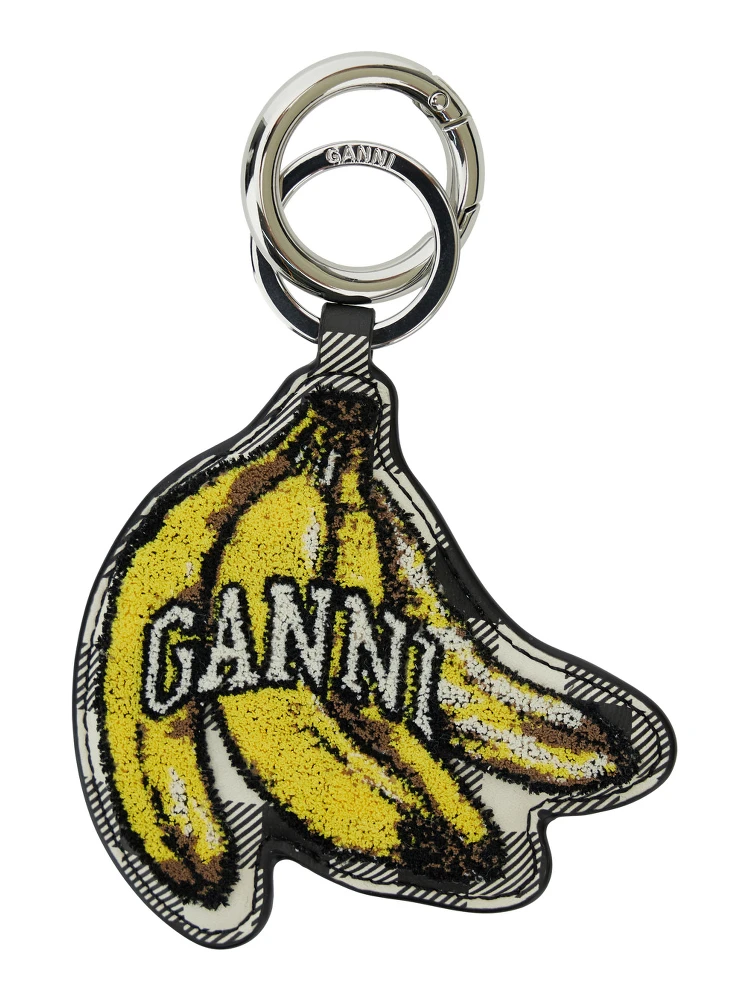 Multicolor Banana Shaped Keyring with Logo Lettering on the Front in Leather and Tech Fabric Woman