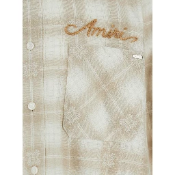 Beige Shirt with Check Pattern and Lettering Logo on Front and Backin Flannel Man