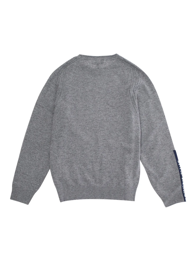 Grey Crewneck Sweater with Logo Detail on the Sleeve and Ribbed Trims in Wool and Cotton Blend Boy