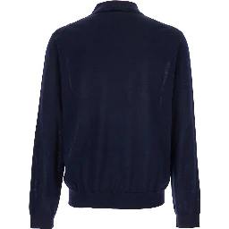 Blue Polo Shirt with Classic Collar and Ribbed Trims in Wool Man