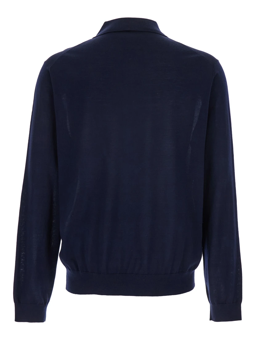 Blue Polo Shirt with Classic Collar and Ribbed Trims in Wool Man