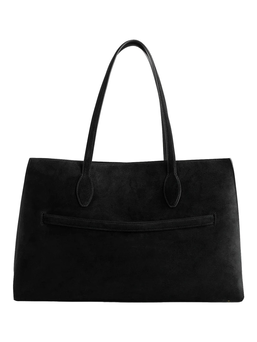 Lounge Black Tote Bag with Belt and Embossed Logo Lettering on the Front in Suede Woman