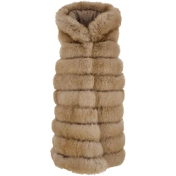 Beige Sleeveless Fur Coat with Hood in Fur Woman