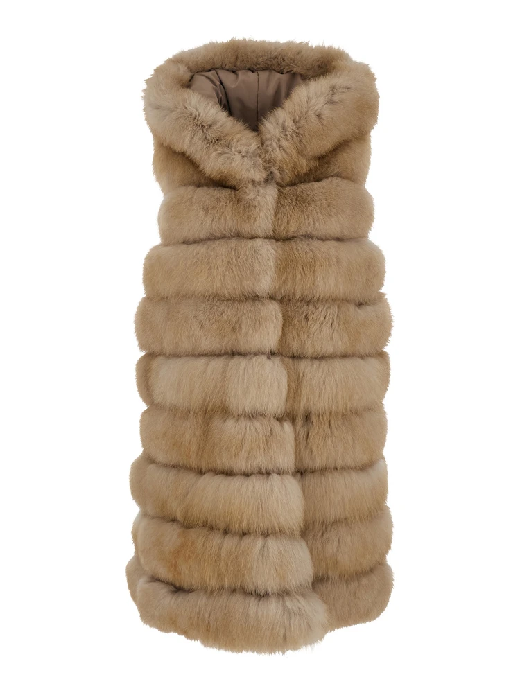 Beige Sleeveless Fur Coat with Hood in Fur Woman