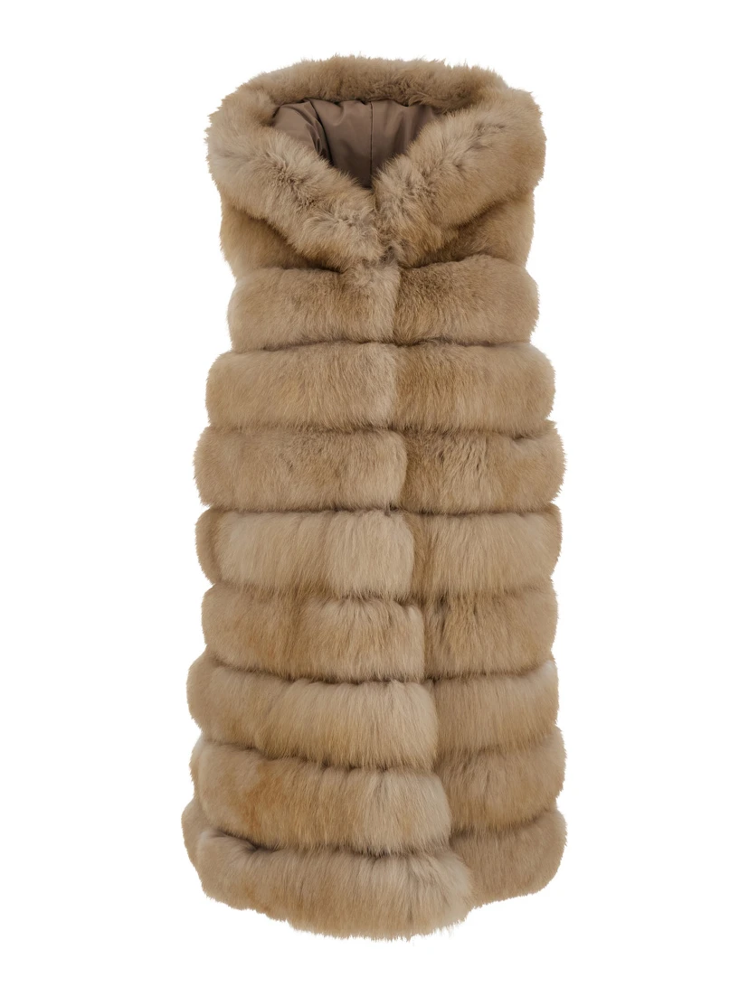 Beige Sleeveless Fur Coat with Hood in Fur Woman