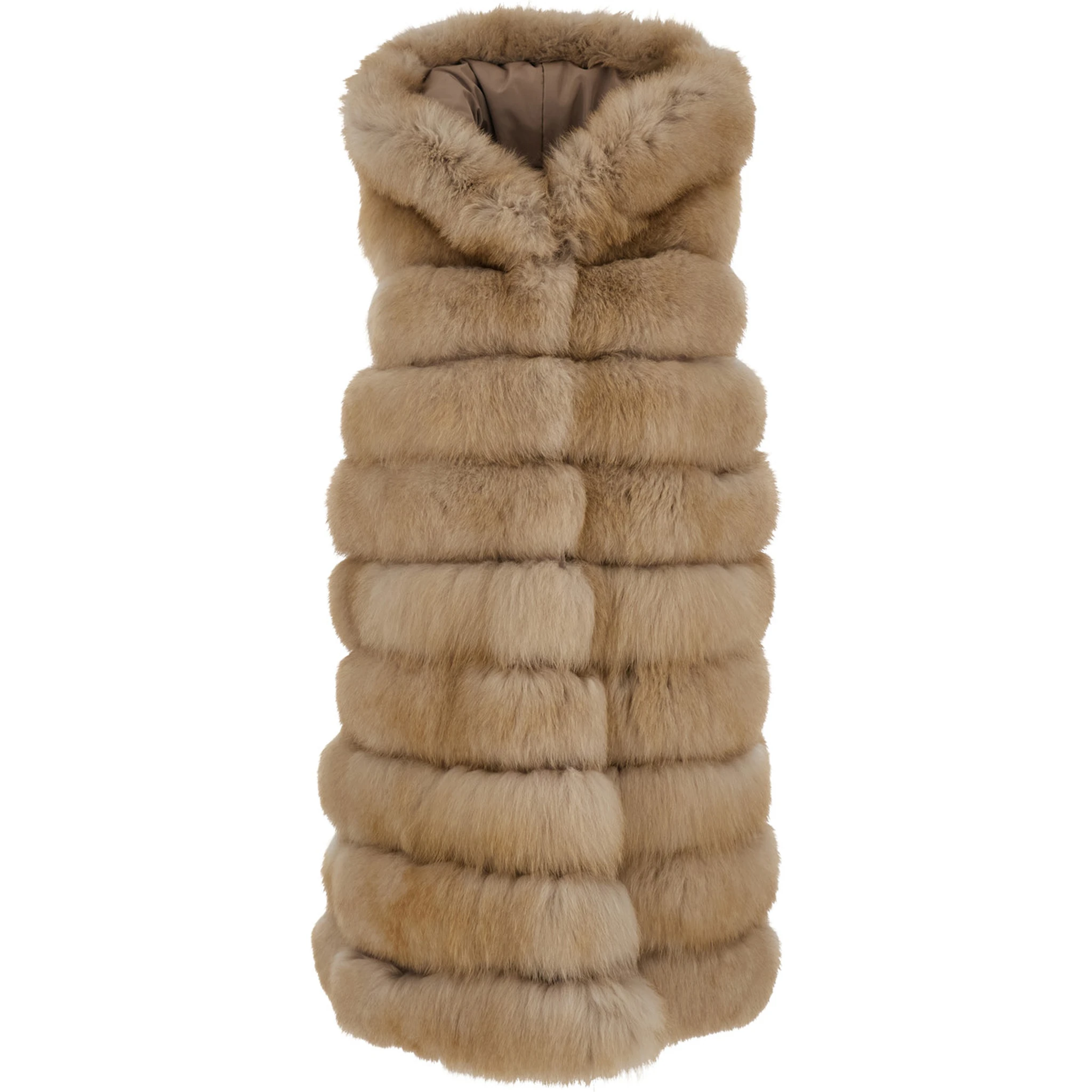 Beige Sleeveless Fur Coat with Hood in Fur Woman