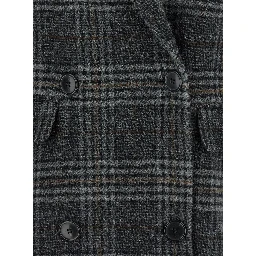 Lexana Grey Double-Breasted Coat with Peak Revers and All-Over Check Motif in Wool Woman