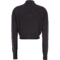 Perseo Black Cropped Cardigan with Button Down Collar and Ribbed Trims in Wool Woman