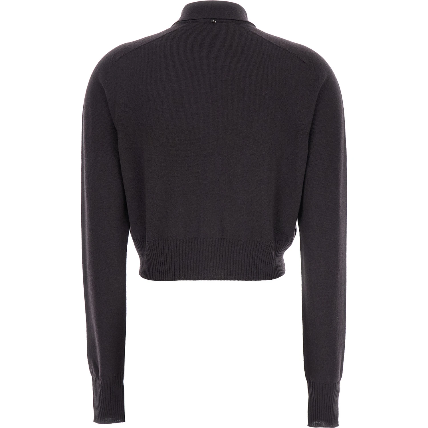 Perseo Black Cropped Cardigan with Button Down Collar and Ribbed Trims in Wool Woman