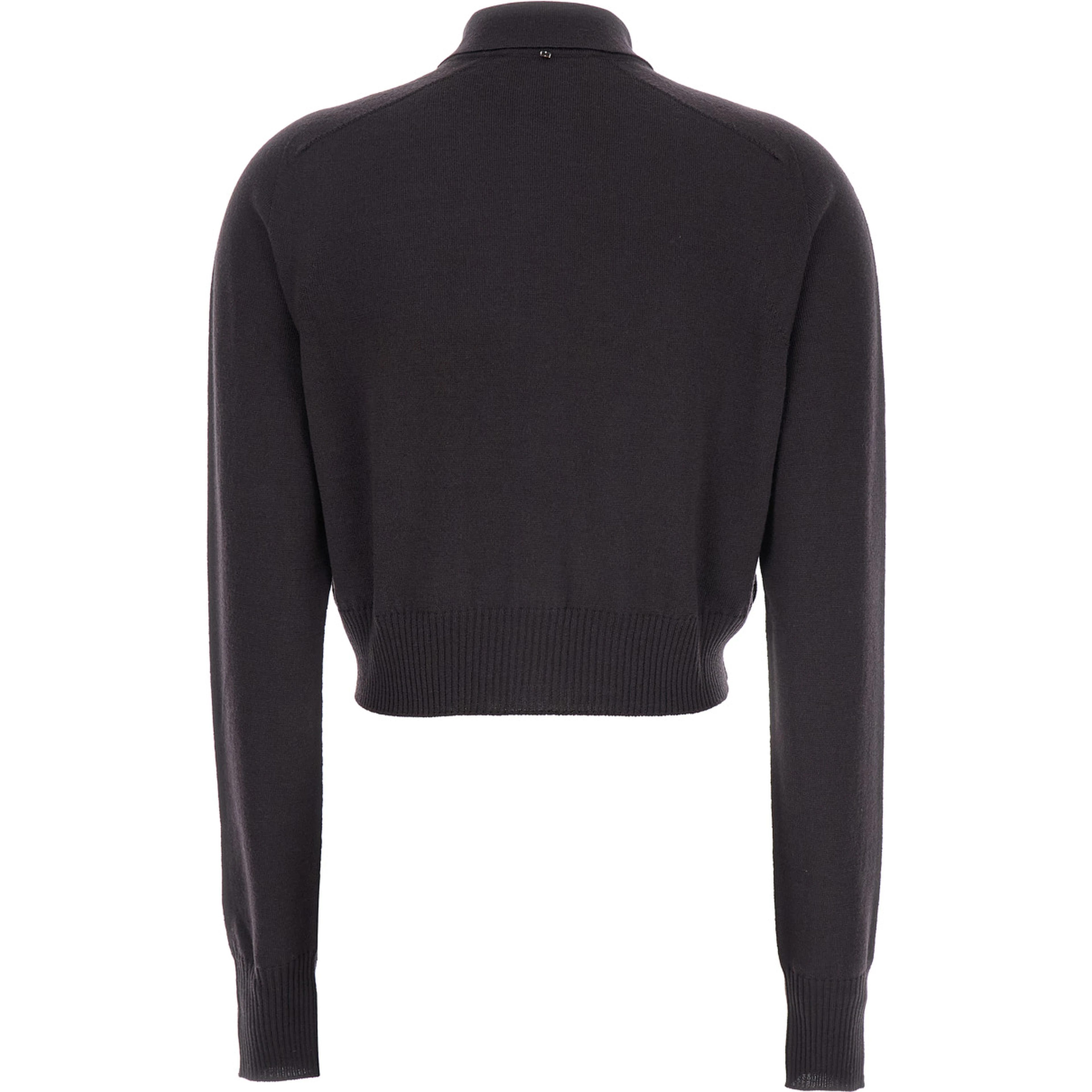 Perseo Black Cropped Cardigan with Button Down Collar and Ribbed Trims in Wool Woman