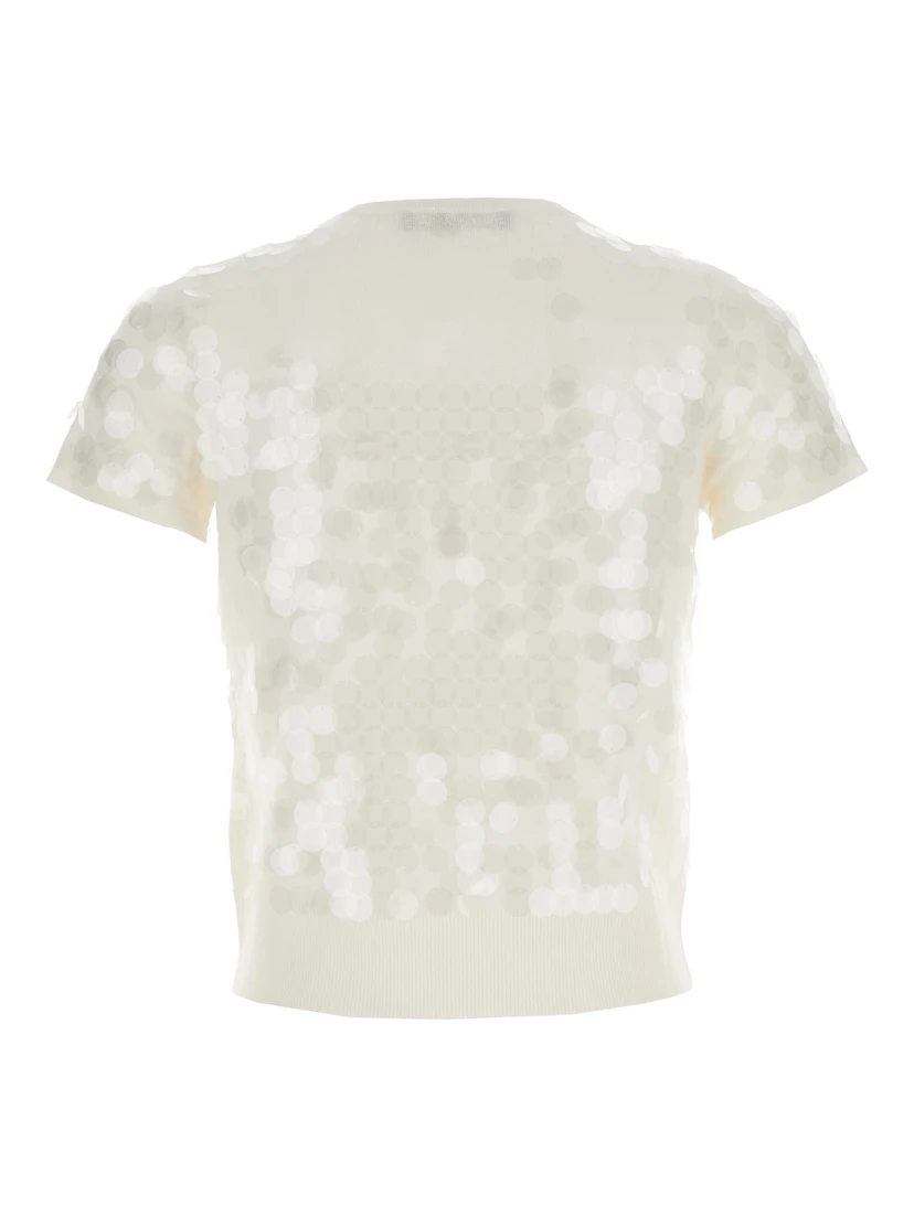 White Crew Neck T-Shirt with All-Over Applied Circles in Fabric Woman