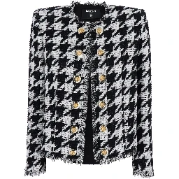 Spencer Black and White Jacket with All-Over Check Motif and Fringed Hem in Cotton Blend Woman