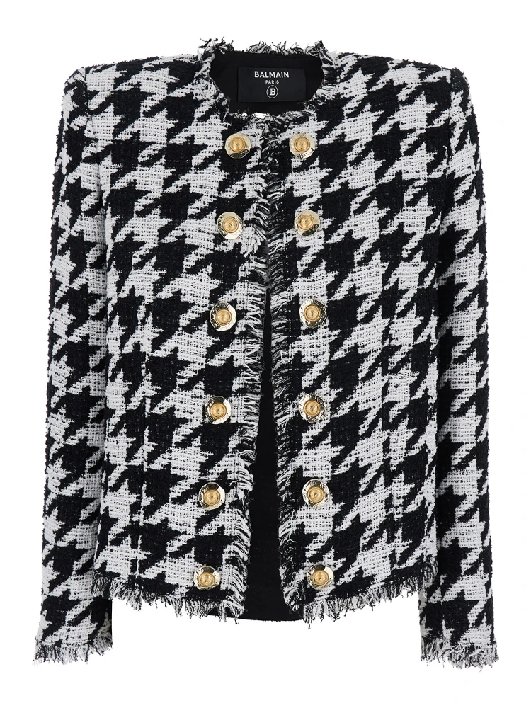 Spencer Black and White Jacket with All-Over Check Motif and Fringed Hem in Cotton Blend Woman