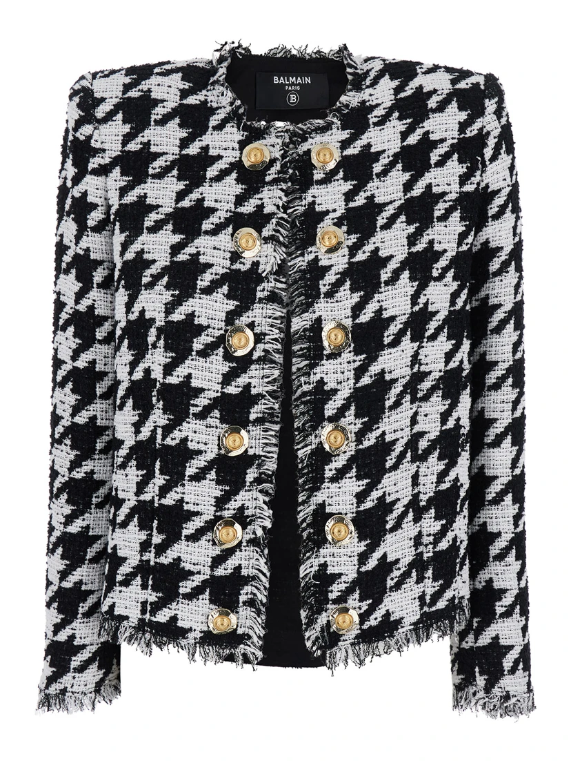 Spencer Black and White Jacket with All-Over Check Motif and Fringed Hem in Cotton Blend Woman