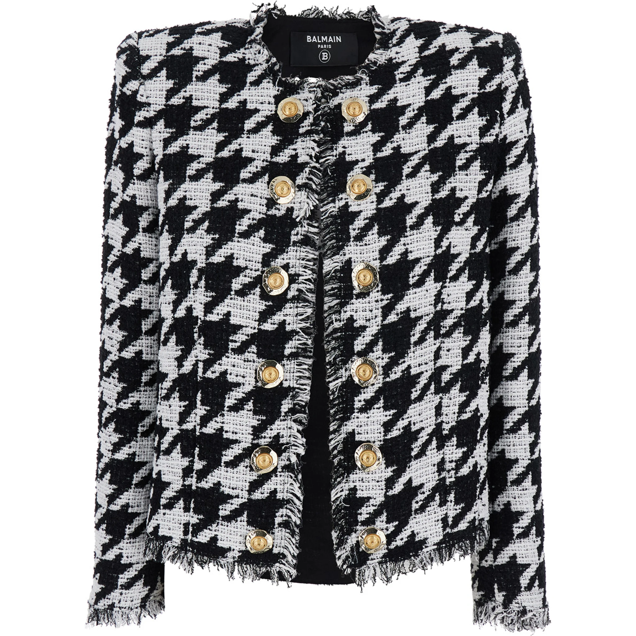 Spencer Black and White Jacket with All-Over Check Motif and Fringed Hem in Cotton Blend Woman