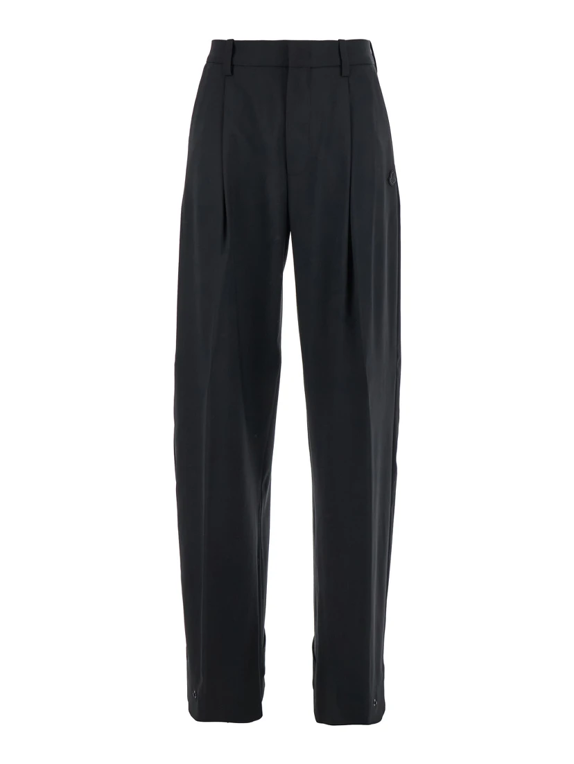 Black Trousers with Pleats on the Front and Side Logo Patch in Stretch Tech Wool Woman