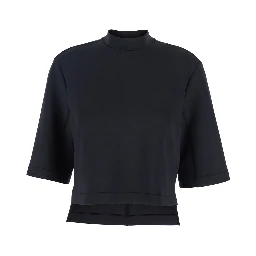 Black Crew Neck T-Shirt with Logo Patch Applied on the Back in Tech Fabric Woman