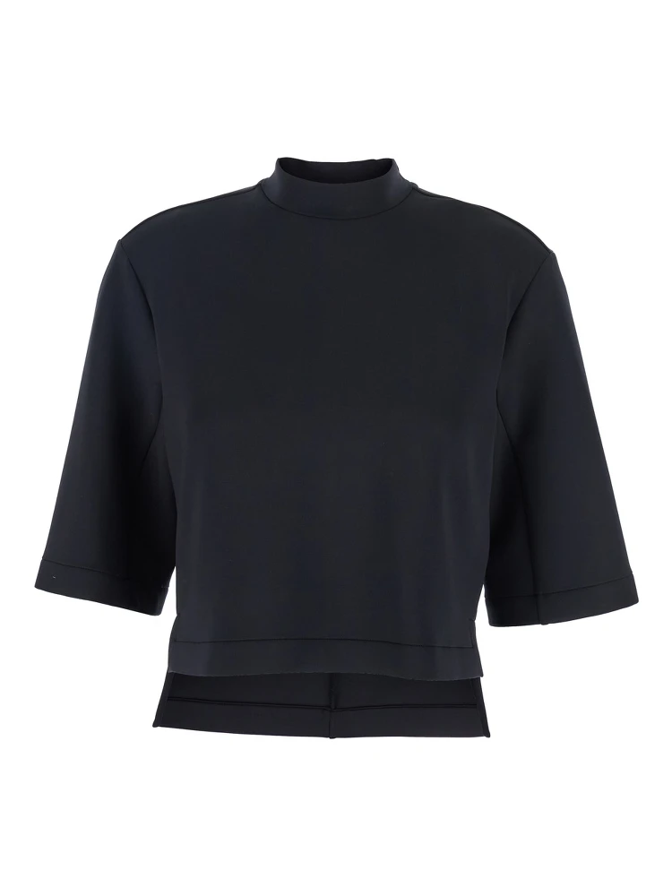 Black Crew Neck T-Shirt with Logo Patch Applied on the Back in Tech Fabric Woman