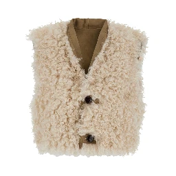 Beige Shearling Coat with Reversible Deisgn and Button Closure in Fur Woman