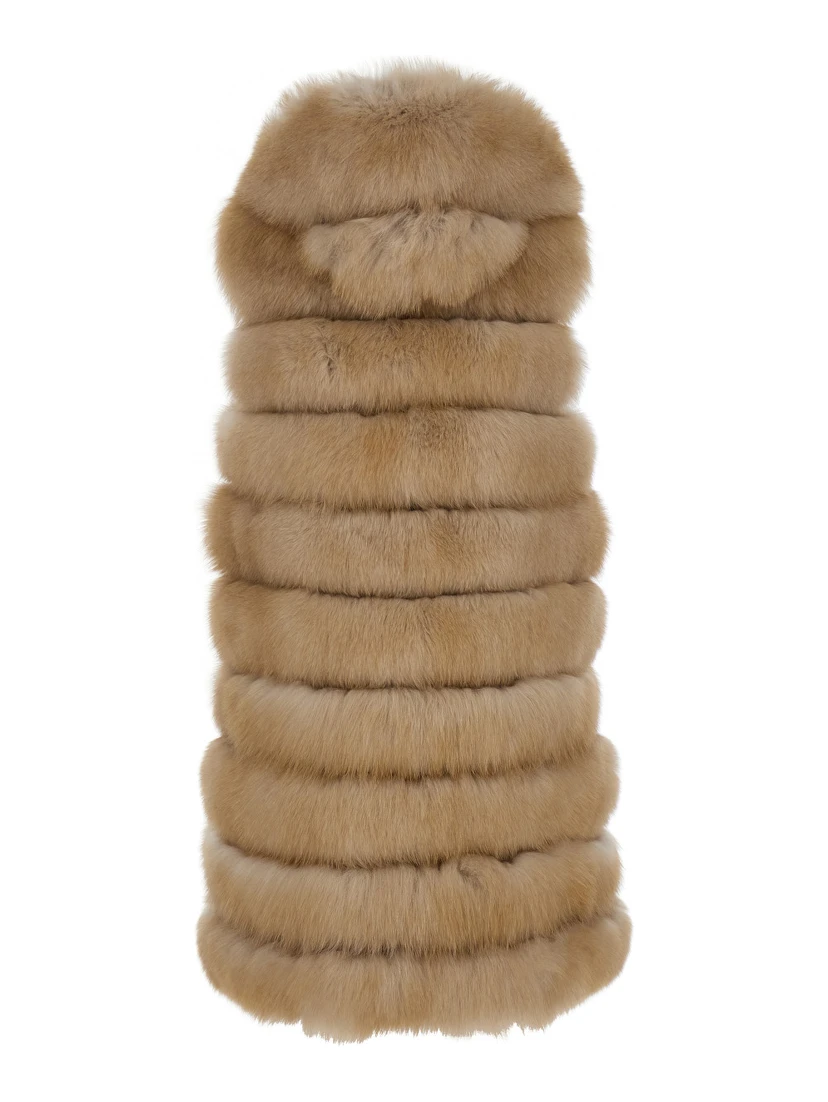 Beige Sleeveless Fur Coat with Hood in Fur Woman