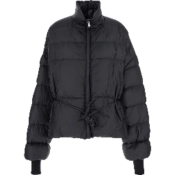 Black Down Jacket with Drawstring Waist and High Neck in Tech Fabric Woman