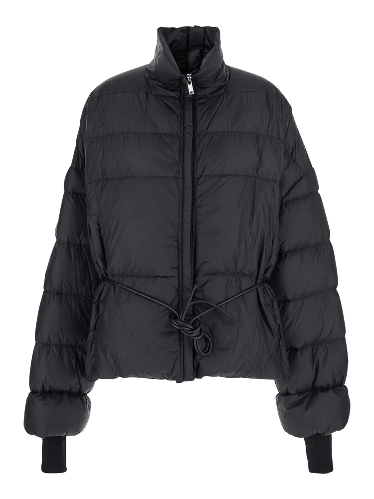 Black Down Jacket with Drawstring Waist and High Neck in Tech Fabric Woman