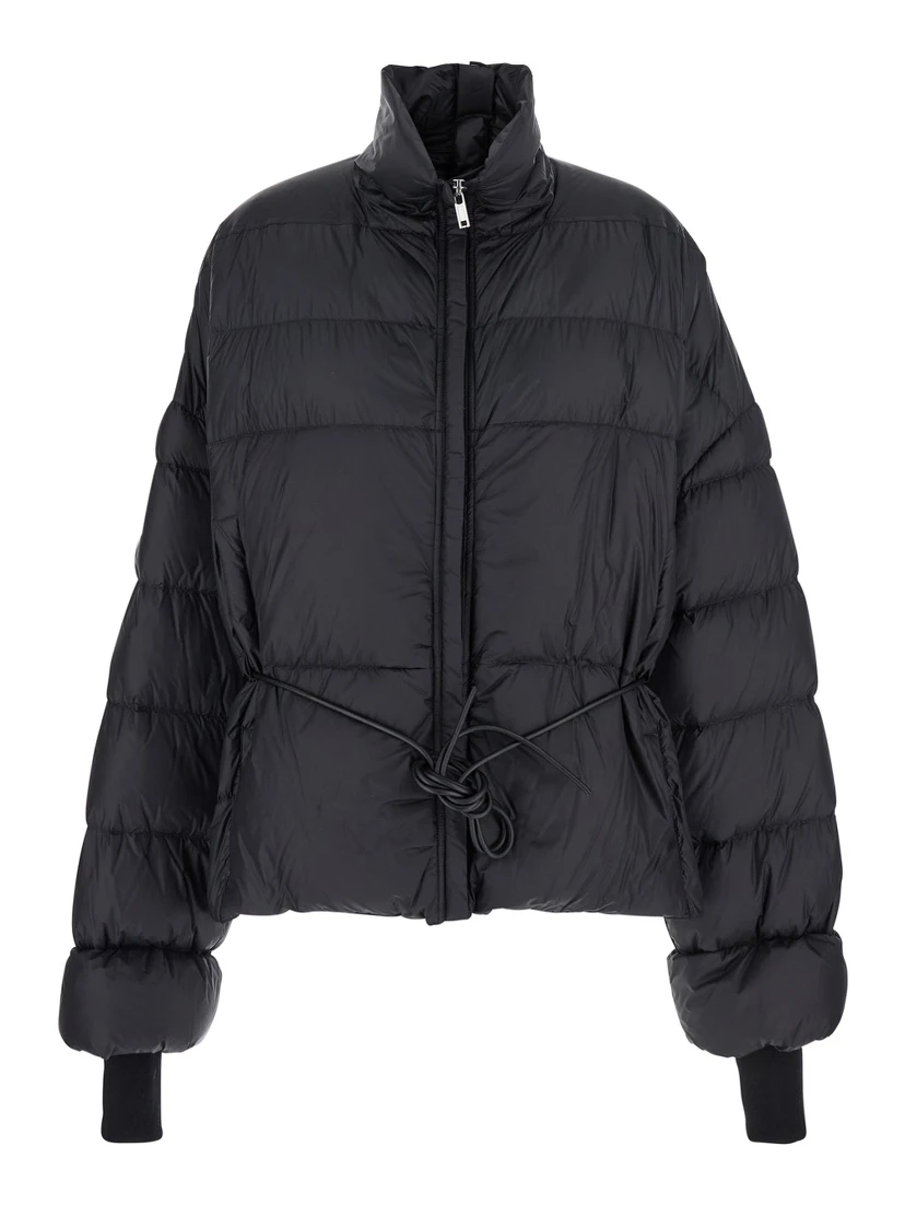 Black Down Jacket with Drawstring Waist and High Neck in Tech Fabric Woman