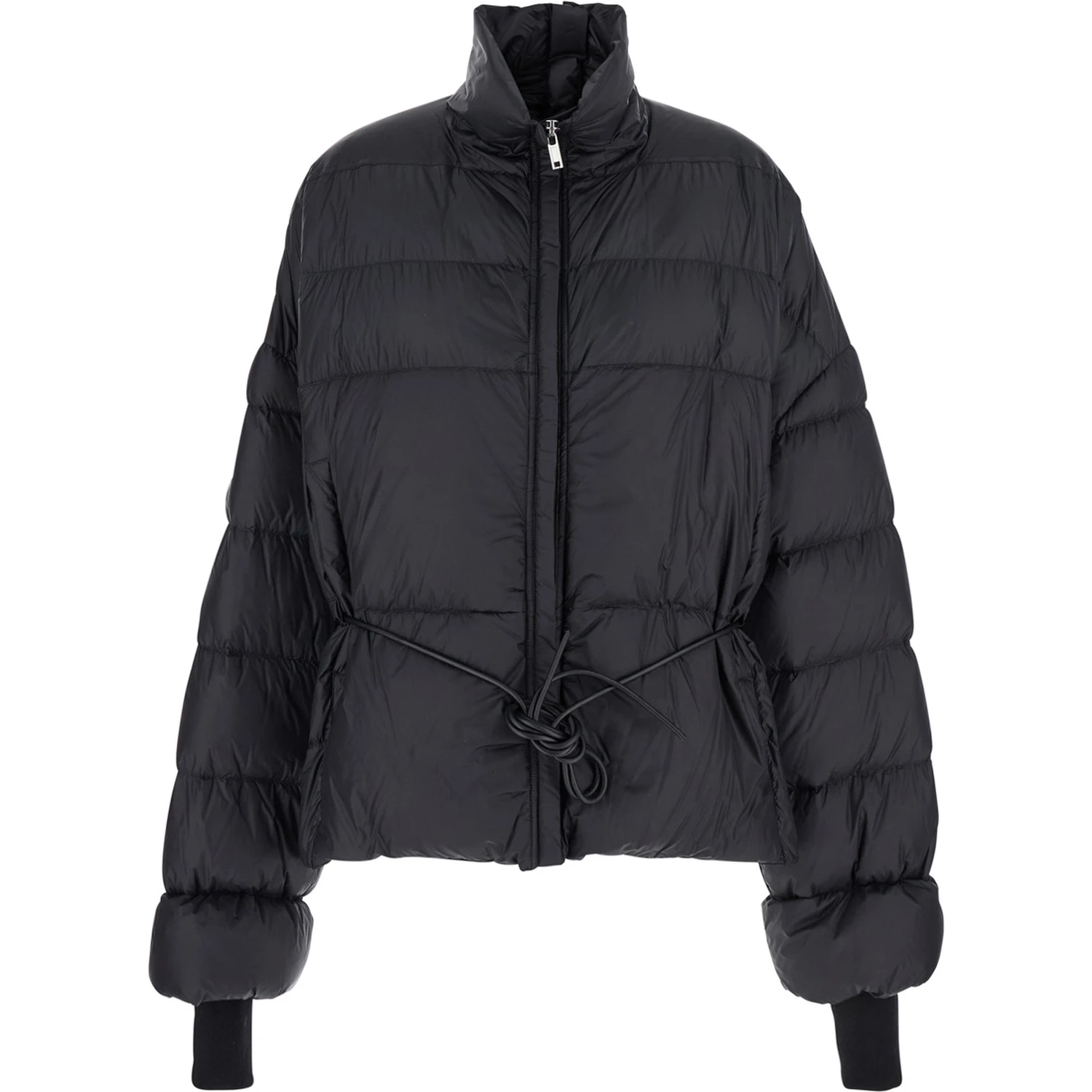 Black Down Jacket with Drawstring Waist and High Neck in Tech Fabric Woman